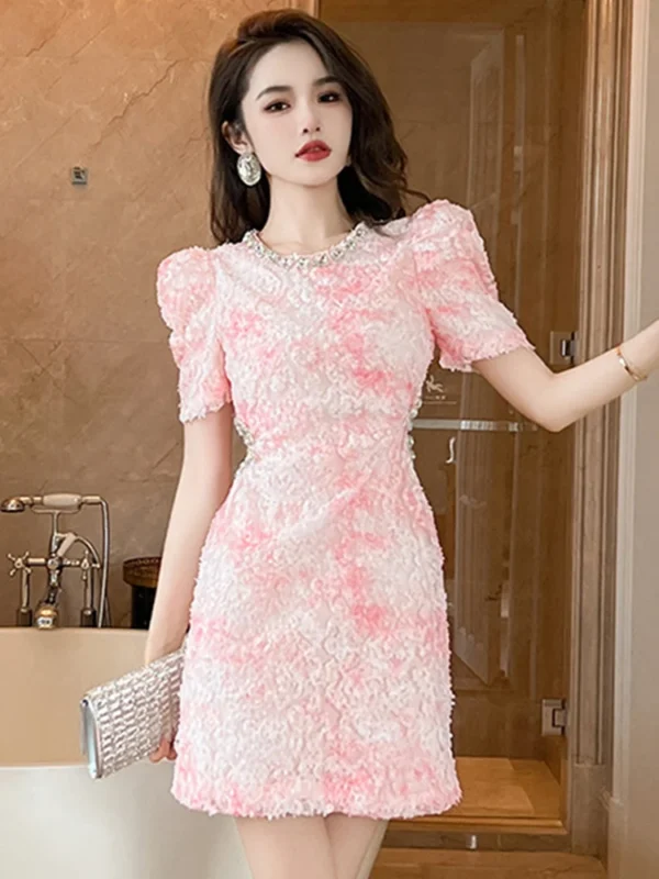 New Sweet Pink Bodycon Dress Women Petal Mesh Diamond Gown