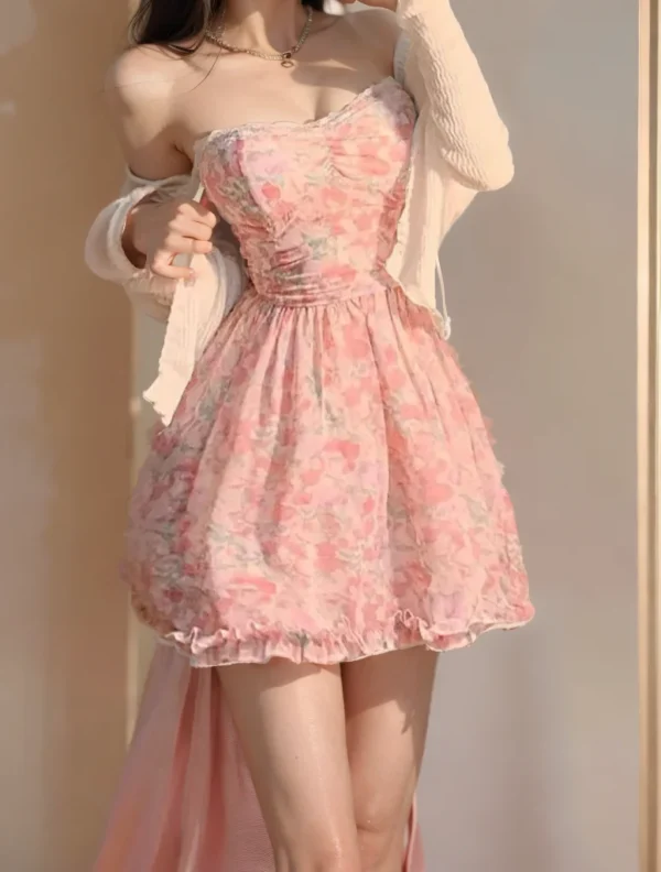 Sweet Pink Sexy Dress With Fresh Style, Waist Wrap, Floral Print