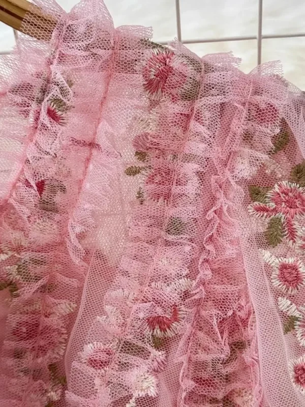 Sweet Fairy Pink Mesh Tulle V-Neck Flower Embroidery Ruffle Dress - Image 4