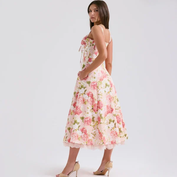 Pink Floral Dress, Backless Corset, Trendy Summer Midi for Brunch
