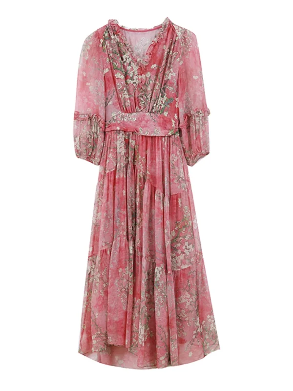 Pink Floral Dress Silk Long For Spring Summer Beach Holiday Party - Image 6