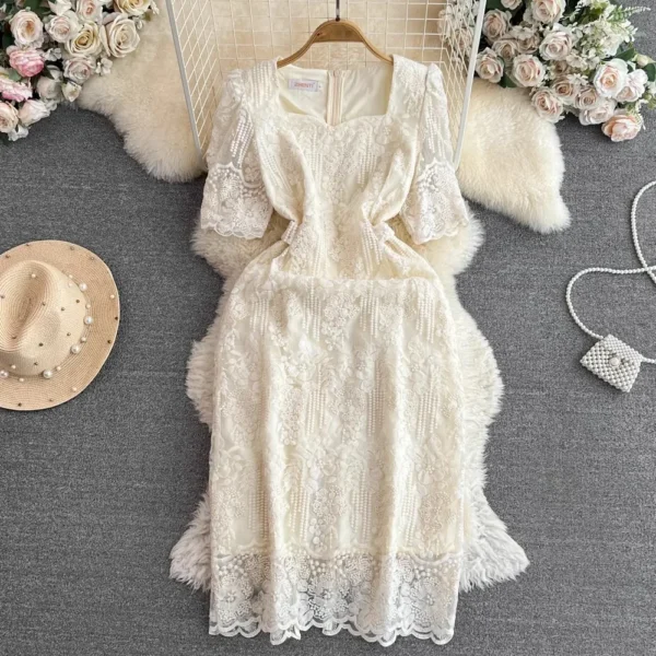 Pink Floral Dress: Elegant Lace Midi with Puff Sleeves - Image 2