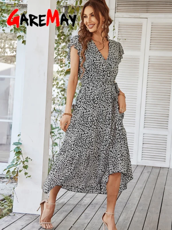 Elegant Pink Floral Chiffon Long Sleeve Midi Dress For Summer Casual Party Wear - Image 4