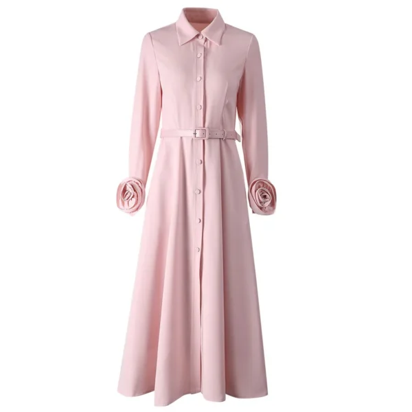 Pink Flower Long Sleeve Big Swing Dress With Three-Dimensional Flowers - Image 4