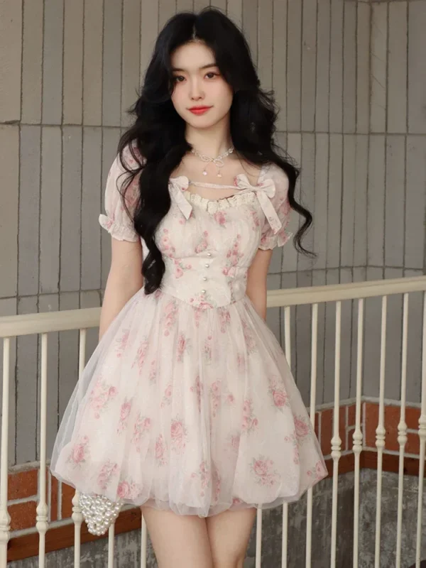 Pink Floral Dress Sweet Fairy Bodycon Elegant Party Mini Summer Fashion