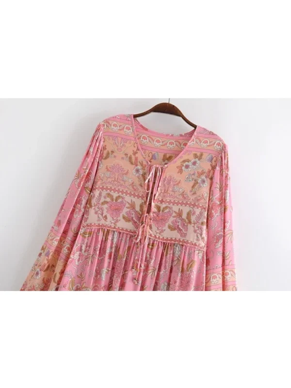 Happie Queens Ethnic Pink Floral Boho Maxi Dress With Tassels - Image 4
