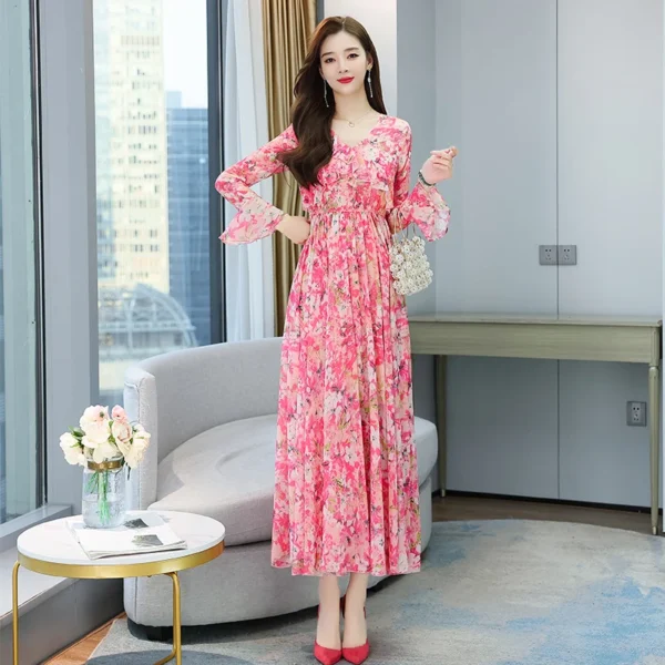 Elegant pink floral dress, boho ruffled maxi for spring and autumn - Image 5