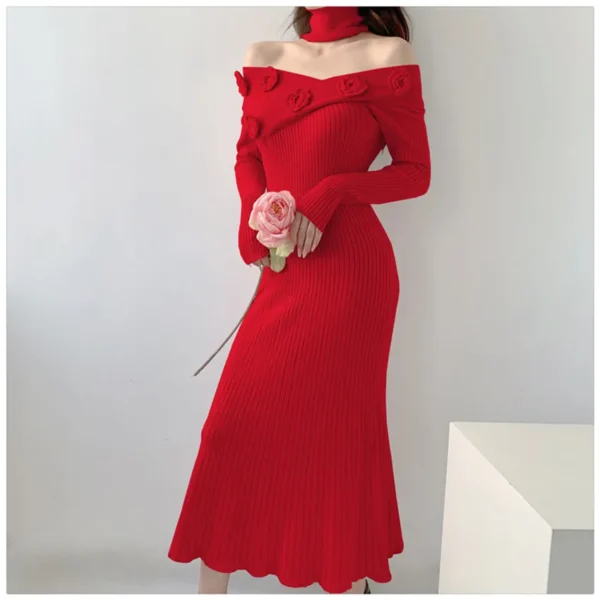 Elegant Pink Floral Knitted Sweater Dress Women Autumn Winter Bodycon - Image 3