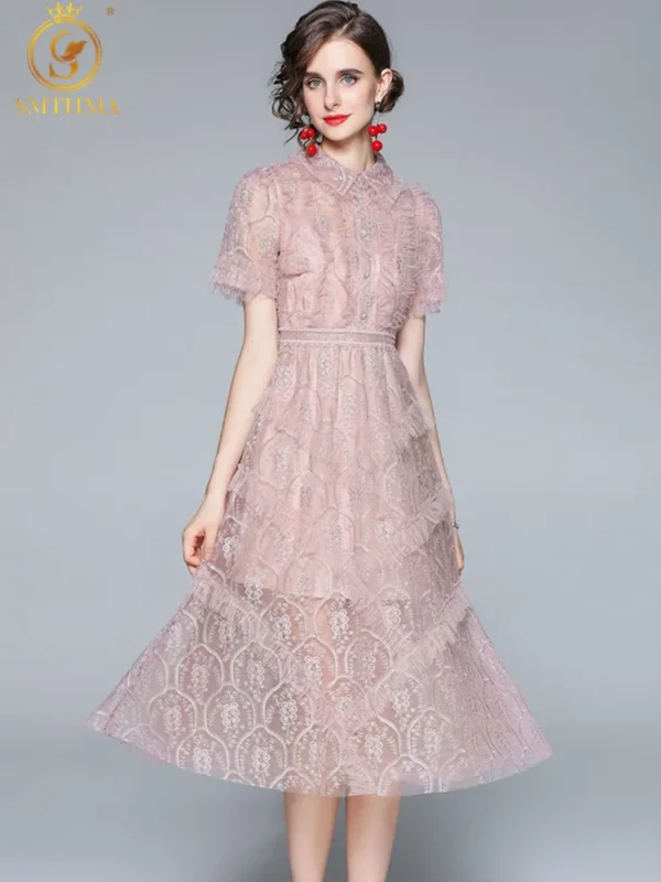 Elegant Pink Mesh Embroidery Ruffle Midi Party Dress For Women