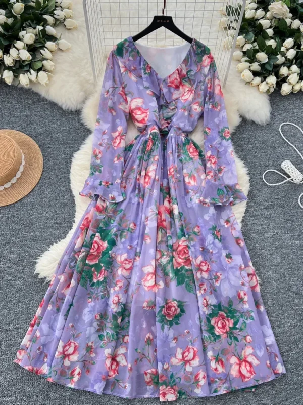 Spring Women’s Flower Printed V-Neck A-Line Long Dress With Flare Sleeves - Image 2