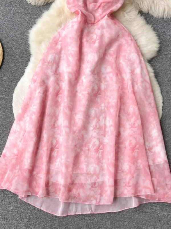 Women Pink Beach Dress Sleeveless Hollow A-line Floral Chiffon Gown - Image 3