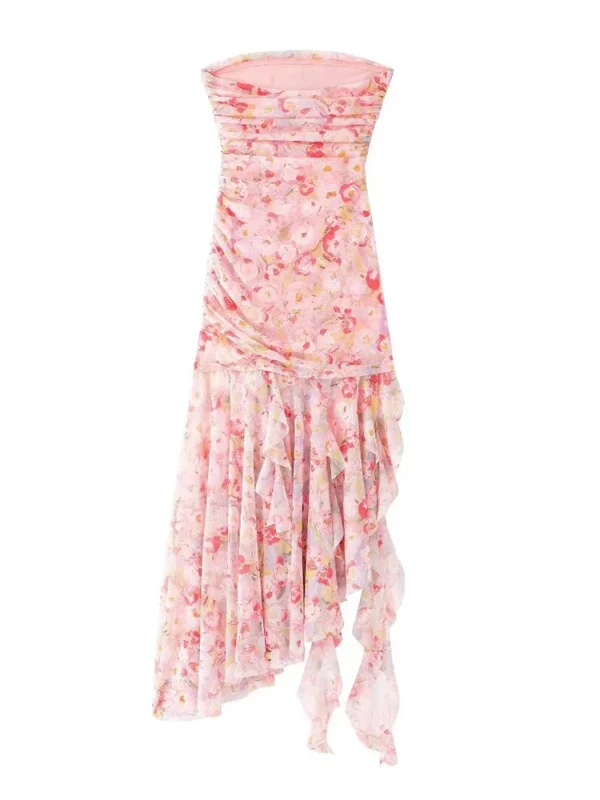 Sexy Backless Off Shoulder Pink Flower Printed Asymmetrical Midi Dress - Image 3