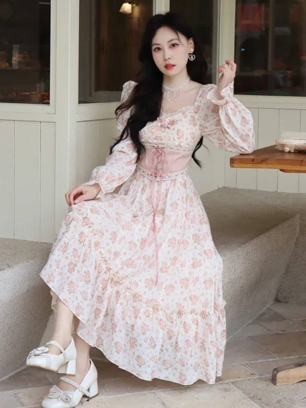 2025 Spring Pink Floral Bandage Lace Print Puff Sleeve Elegant Dress - Image 4