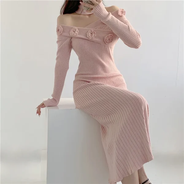 Elegant Pink Floral Knitted Sweater Dress Women Autumn Winter Bodycon - Image 2