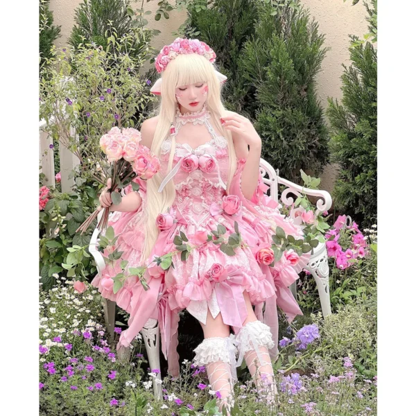Pink Floral Dress Lolita Jacquard Rose Halter Slim Ball Gown Party Elegant Style - Image 3