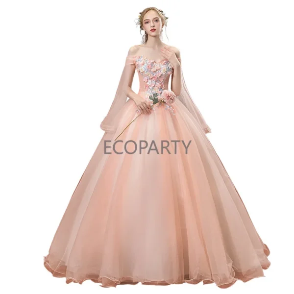 Fashion Photographic Studio Pink Mesh Applique Evening Wedding Dress - Image 5