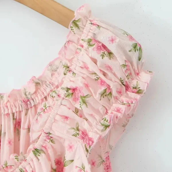 Sexy Pink Flower Print Elastic Strap Shoulder A-Line Dress For Women - Image 2