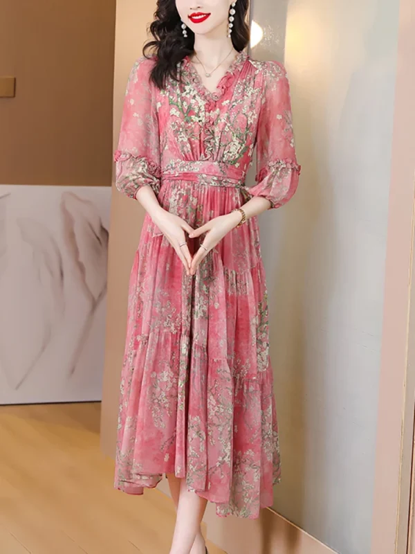 Pink Floral Dress Silk Long For Spring Summer Beach Holiday Party - Image 4