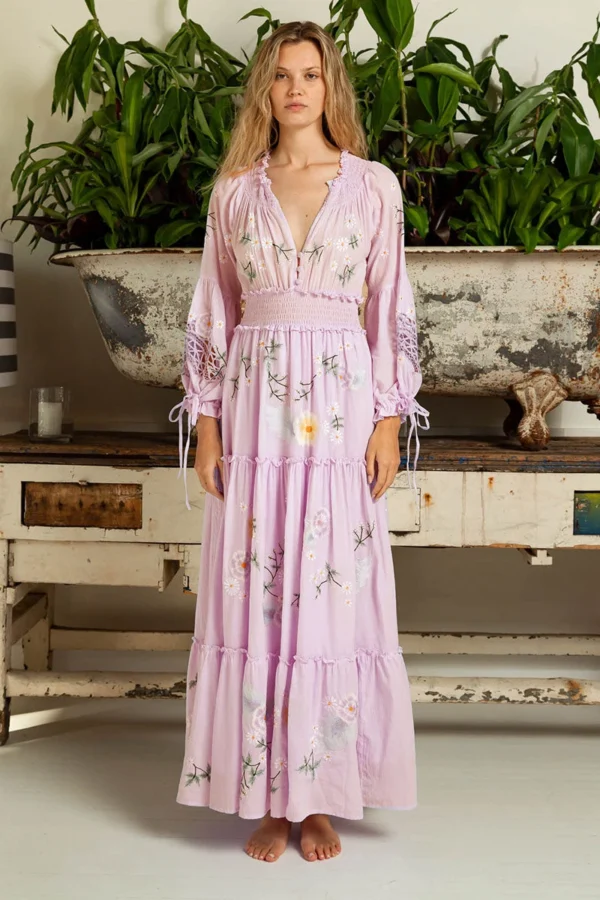 Pink Embroidery Floral Boho Dress Long Sleeve Vintage Casual Style - Image 2