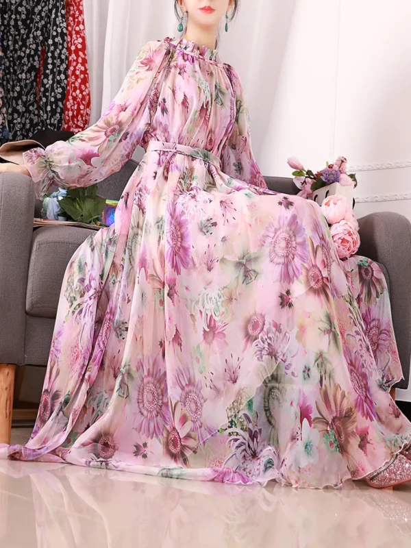 Summer Bohemian Floral Pink Sundress Beach Travel Long Dress - Image 3