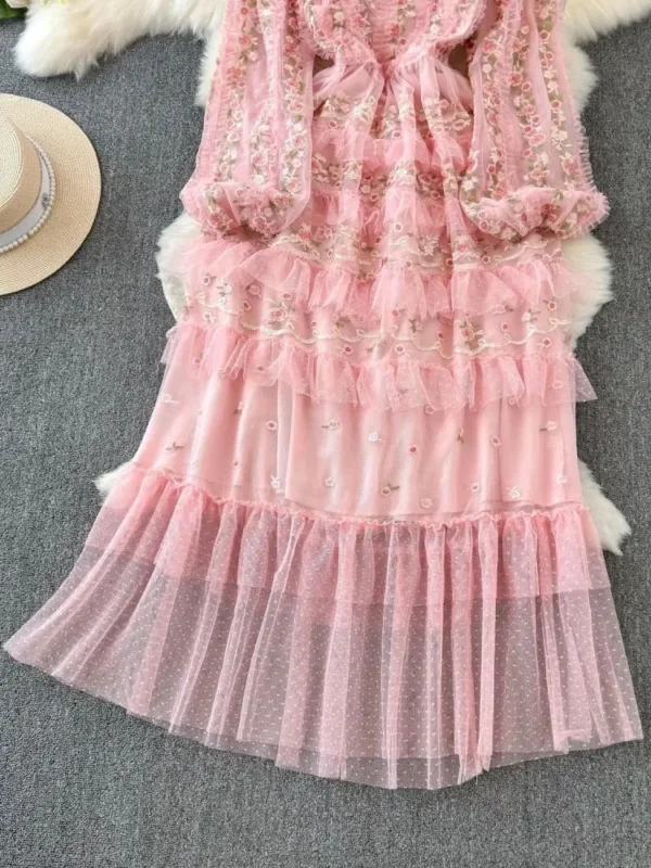 Sweet Fairy Pink Mesh Tulle V-Neck Flower Embroidery Ruffle Dress - Image 3