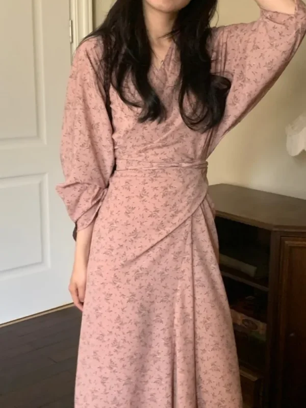 Elegant Pink Floral V-Neck Maxi Dress For Spring Office Ladies - Image 2