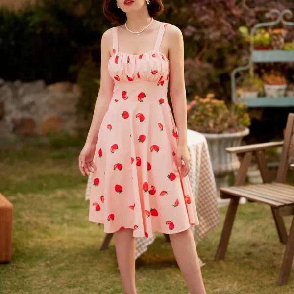Pink floral dress, sleeveless, ruched, A-line, flowy, cute summer midi - Image 3