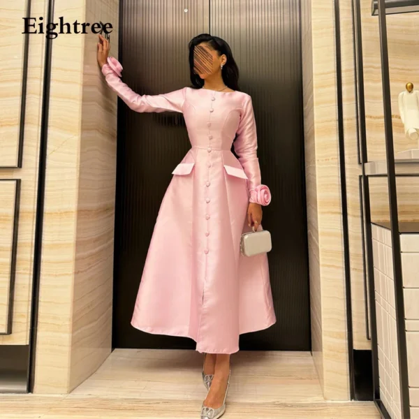 Pink floral dress, long sleeves, satin, ankle-length evening gown