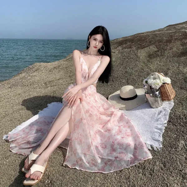 Pink Floral Ruched Tank Dress For Women’s Elegant Summer Vacation Wear - Image 4