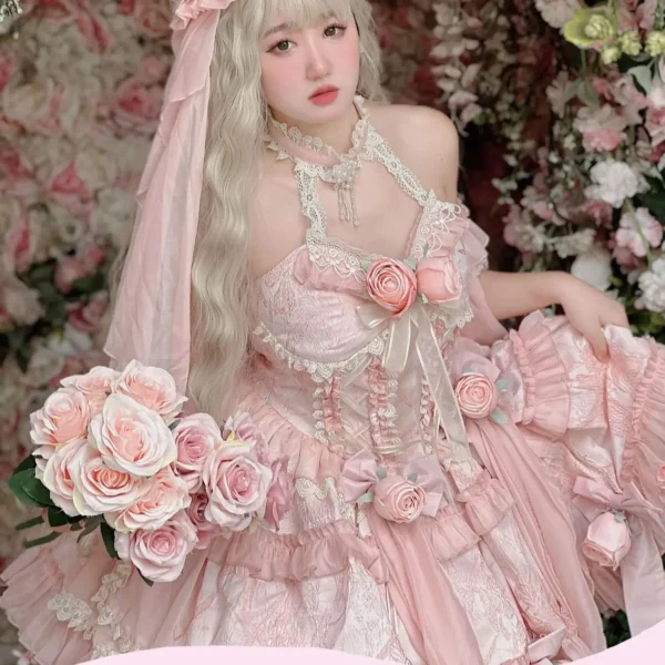 Autumn Spring Sweet Lolita Sleeveless Rose Lace Fairy Dress Gown - Image 3