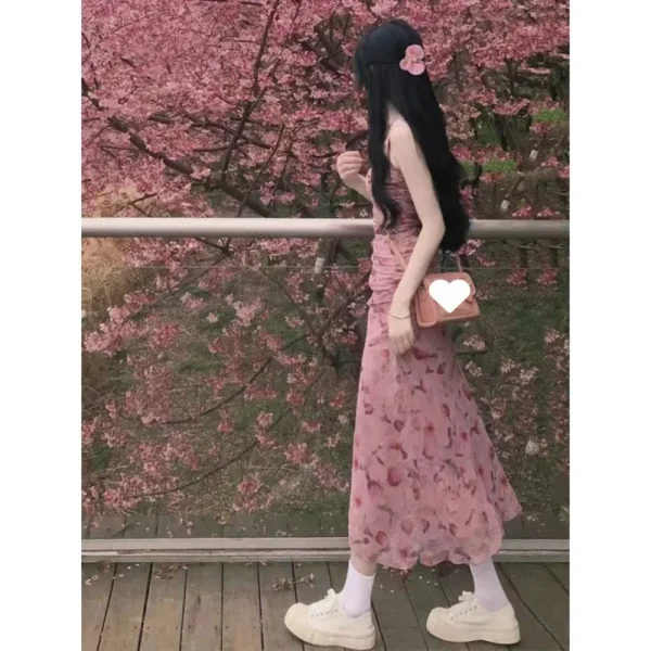 Elegant Pink Tank Dress Women Summer Waist-Fitted Long Skirt Floral - Image 2