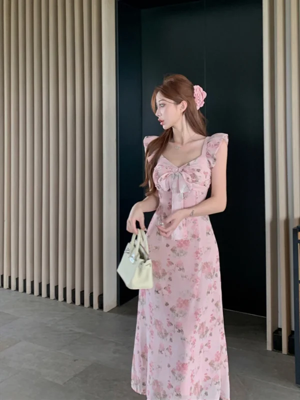 Pink Floral V-Neck A-Line Dress For Women’s Slim Elegant Summer Wear - Image 2
