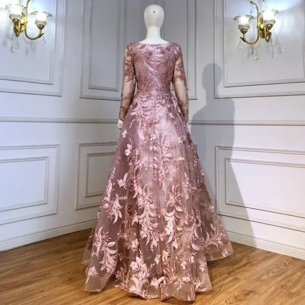 Pink Floral Dress: Muslim Long Sleeves A-Line Evening Gown - Image 2