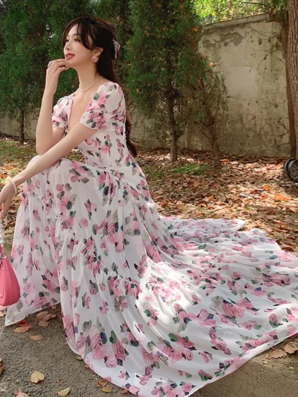 Women Elegant Floral Vintage Maxi Dress Square Neck A-Line Summer - Image 6