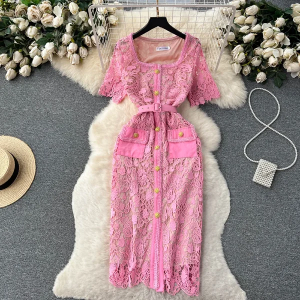 Pink floral dress, hollow crochet lace, luxury embroidery, summer party