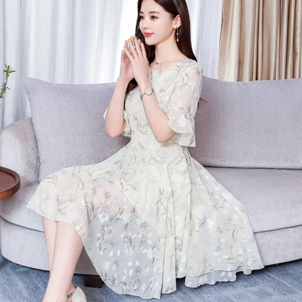 Vintage Pink Floral Chiffon Boho Midi Casual Beach Party Dress - Image 5