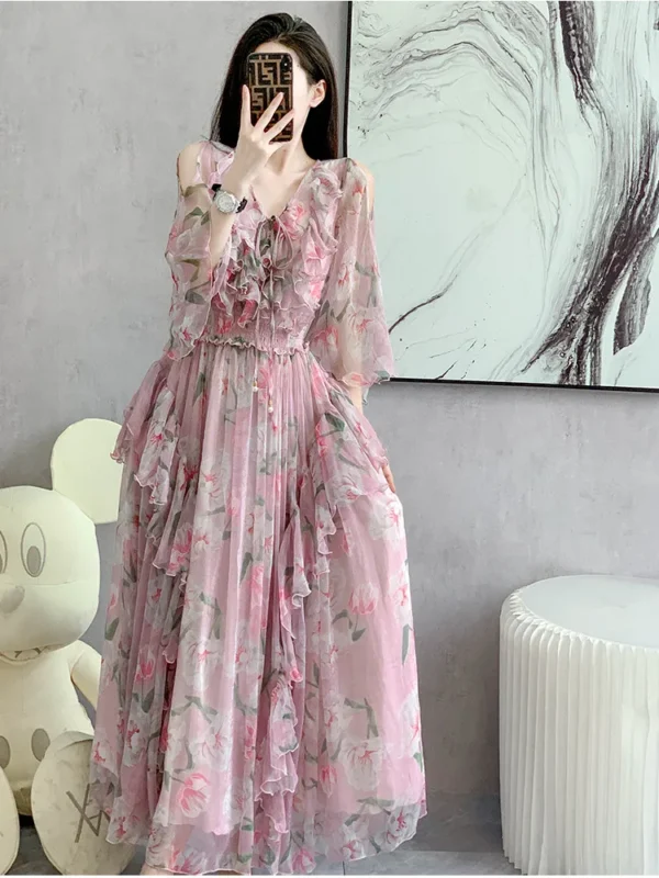 Pink Floral Dress Chiffon Ruffles Off Shoulder V Neck Party Elegant Gown