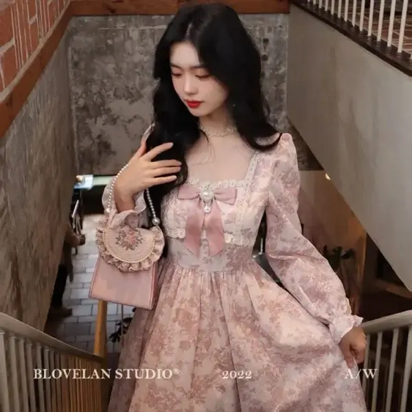 French Style Pink Floral Long Sleeve Slimming Princess Fairy Dress - Image 4