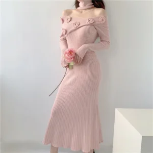Elegant Pink Floral Knitted Sweater Dress Women Autumn Winter Bodycon