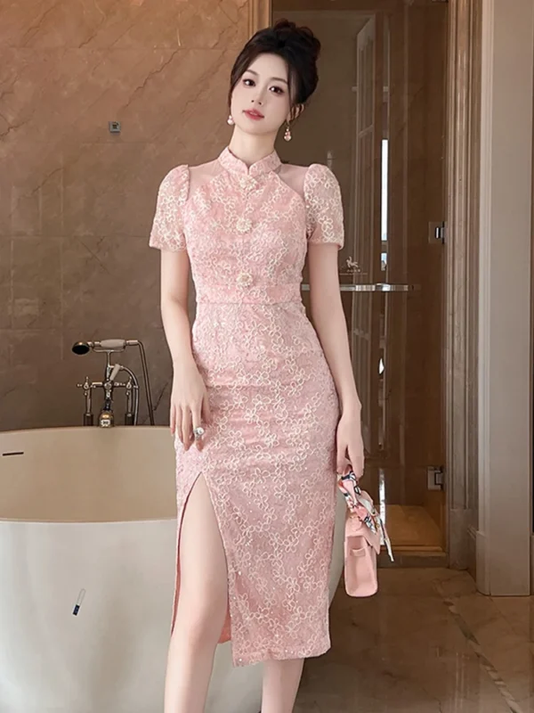 Pink Floral Dress: Elegant Qipao Cheongsam with High Waist Split - Image 6
