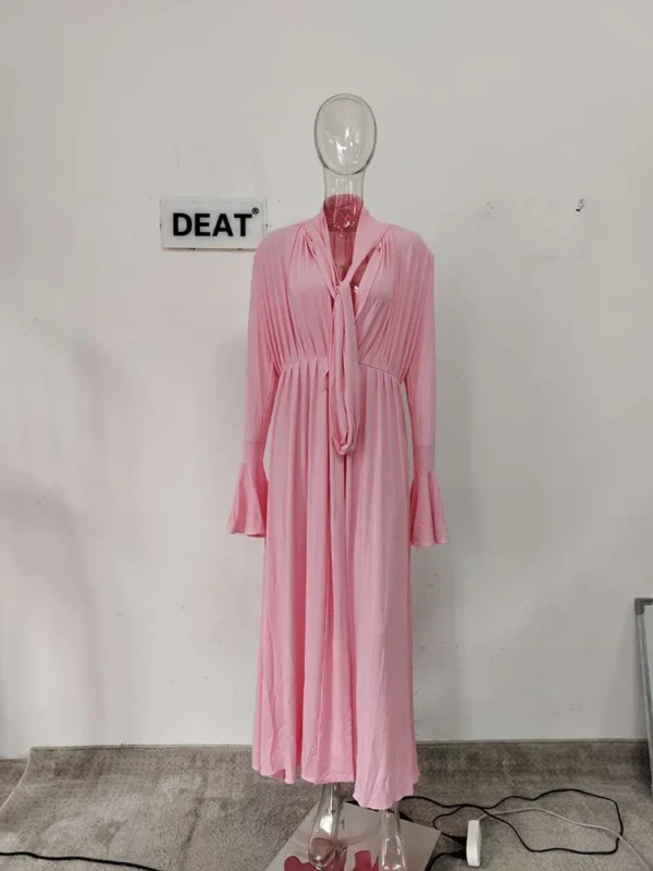 Pink floral dress, deep V-neck, long sleeve, ankle-length winter style - Image 3