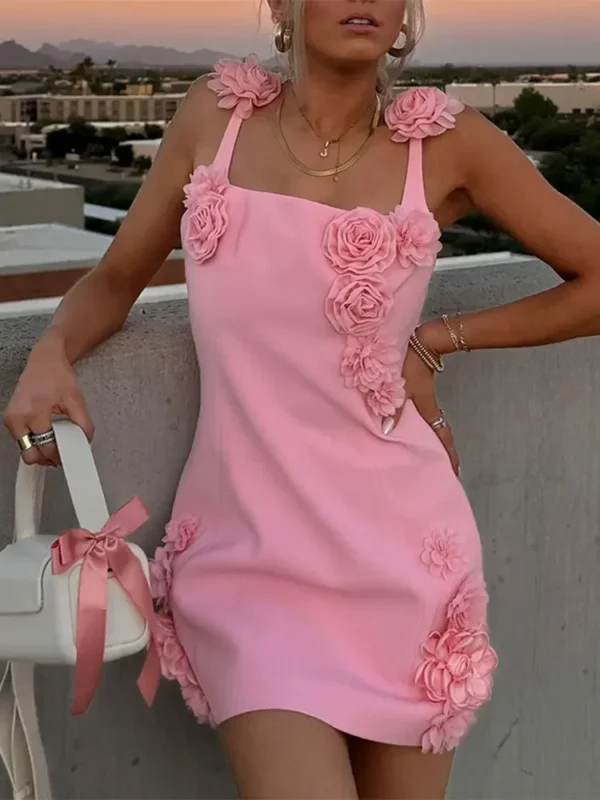 Sexy Pink 3D Flower Slim Mini Dress Summer Vacation Beach Dress