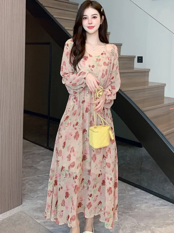 Spring Autumn Pink Floral Chiffon Casual Beach Long Dress Women - Image 6