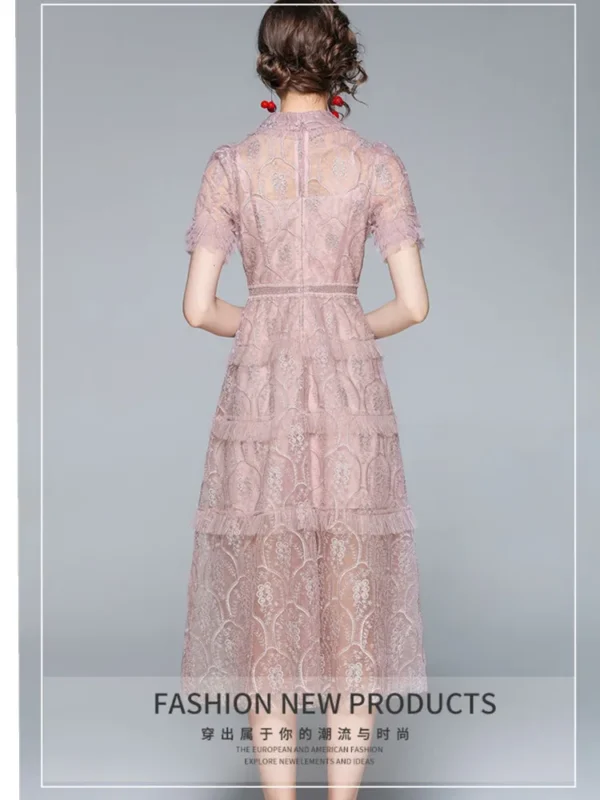 Elegant Pink Mesh Embroidery Ruffle Midi Party Dress For Women - Image 4