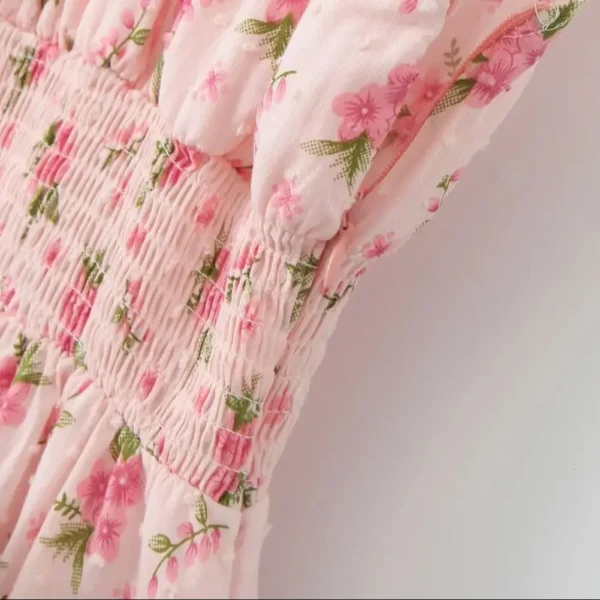 Sexy Pink Flower Print Elastic Strap Shoulder A-Line Dress For Women - Image 5