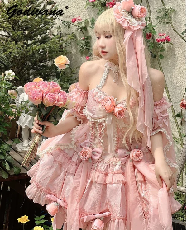Pink Floral Dress Lolita Jacquard Rose Halter Slim Ball Gown Party Elegant Style - Image 2