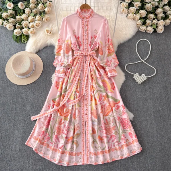 Elegant Pink Floral Long Sleeve Dress Women Spring Summer Linen