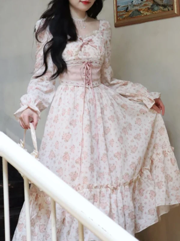 2025 Spring Pink Floral Bandage Lace Print Puff Sleeve Elegant Dress - Image 2