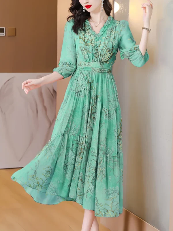 Pink Floral Dress Silk Long For Spring Summer Beach Holiday Party - Image 2