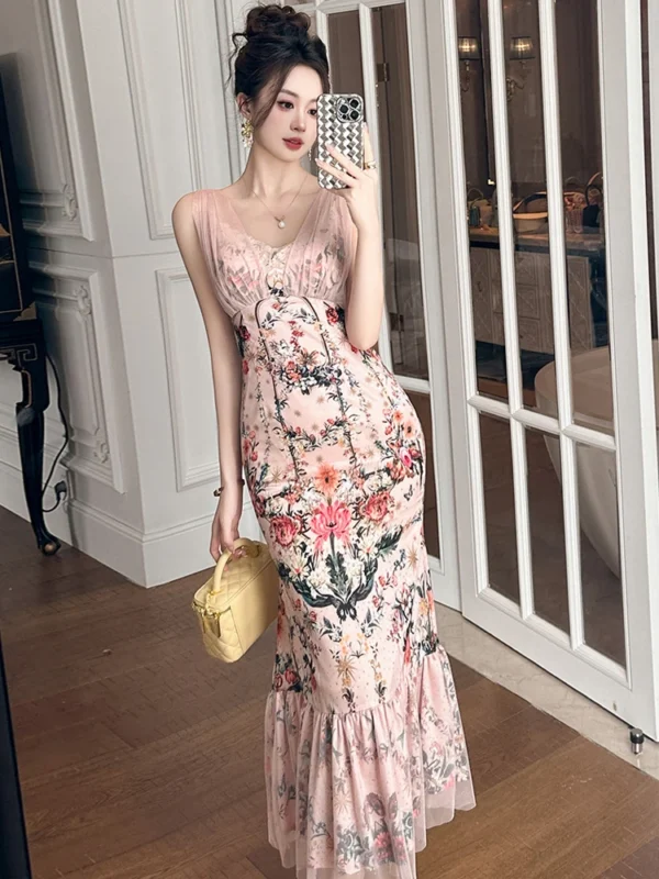 Sexy Pink Floral Mesh Fishtail Evening Party Dress for Women - Image 5